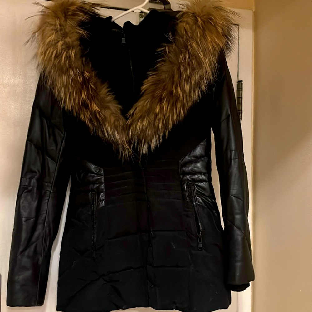 Women winter coat, natural fur and leather, 2 xs size, Danier